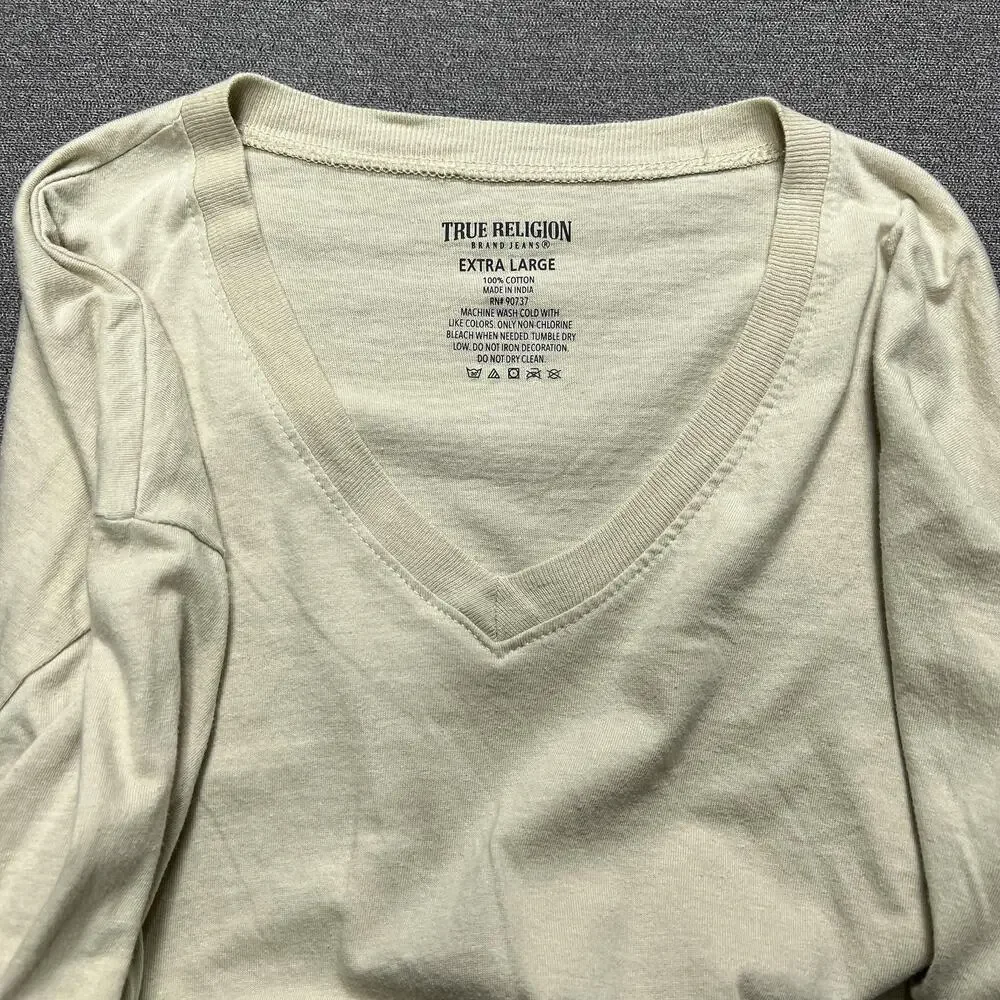 True Religion Brand Jeans Shirt Mens Extra Large Beige V-Neck Short Sleeve Logo
